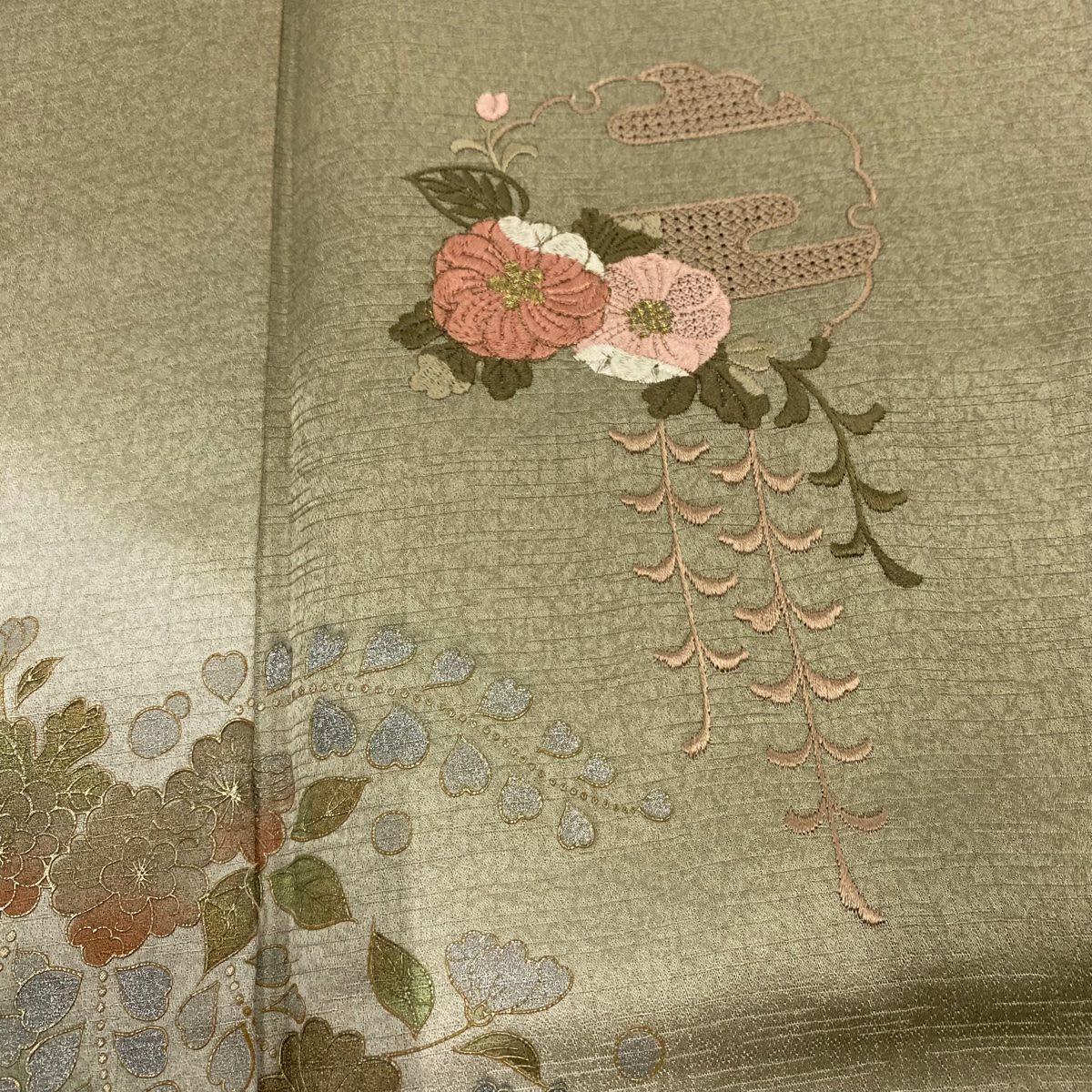 付下 身長166.5cm 袖長64.5cm M 雙層 雪輪 草花紋紋 金銀彩 刺繡 茶綠 純蠶絲 秀品級