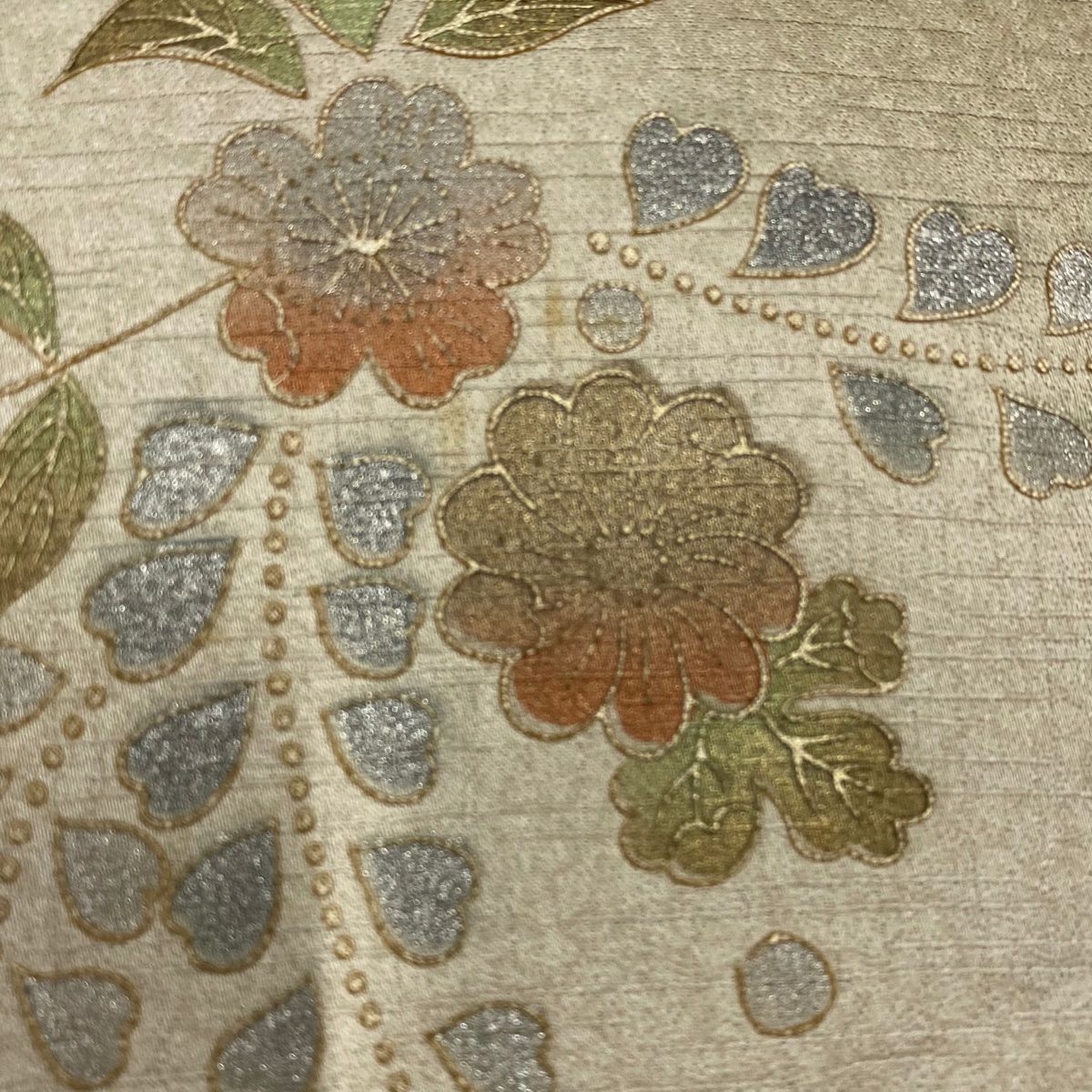 付下 身長166.5cm 袖長64.5cm M 雙層 雪輪 草花紋紋 金銀彩 刺繡 茶綠 純蠶絲 秀品級