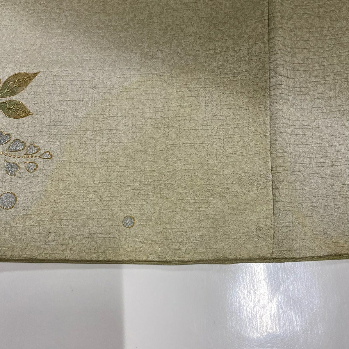 付下 身長166.5cm 袖長64.5cm M 雙層 雪輪 草花紋紋 金銀彩 刺繡 茶綠 純蠶絲 秀品級