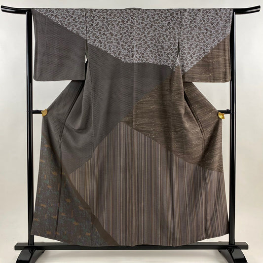 訪問服 身長157cm 袖長63.5cm S 雙層 笹 籠目 茶紫 純蠶絲 秀品級
