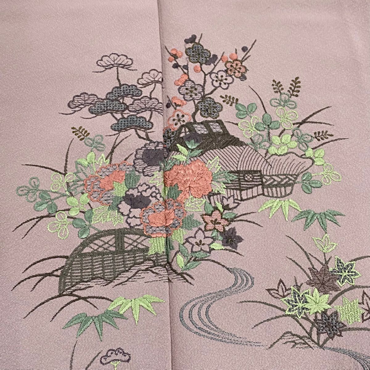 付下 身長155.5cm 袖長62.5cm S 雙層 家屋 松樹竹子梅花 刺繡 金糸 淺紫 純蠶絲 優品級