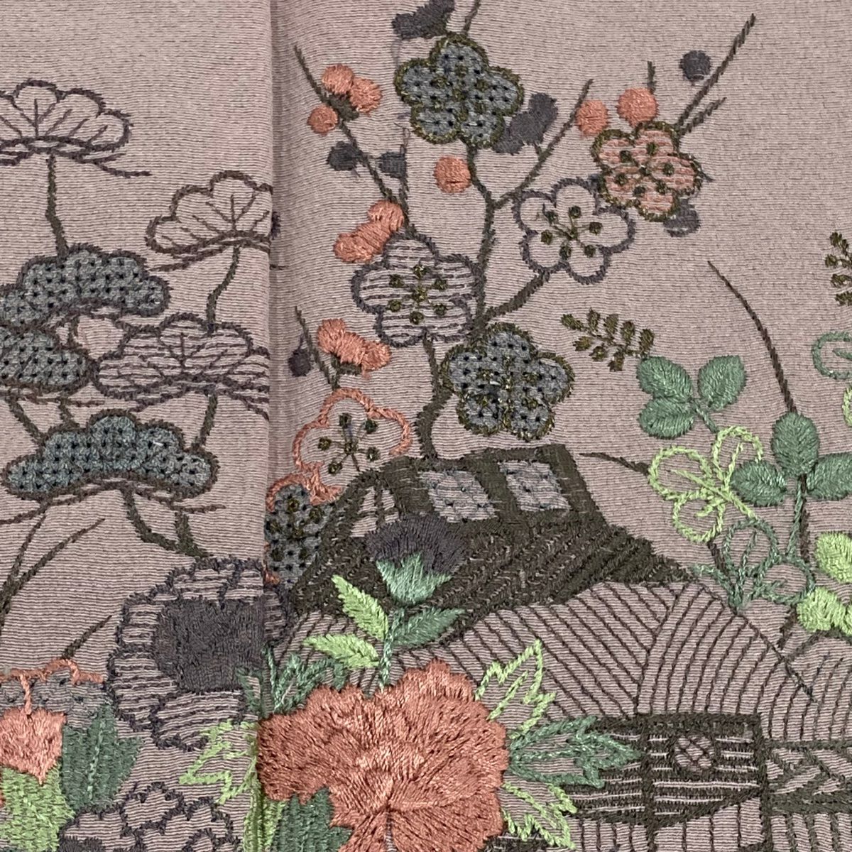 付下 身長155.5cm 袖長62.5cm S 雙層 家屋 松樹竹子梅花 刺繡 金糸 淺紫 純蠶絲 優品級