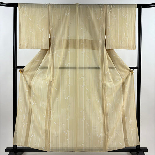 【美品】 小紋 身長160.5cm 袖長63cm S 薄物 絽 枝花 縱條 米色 純蠶絲 秀品級