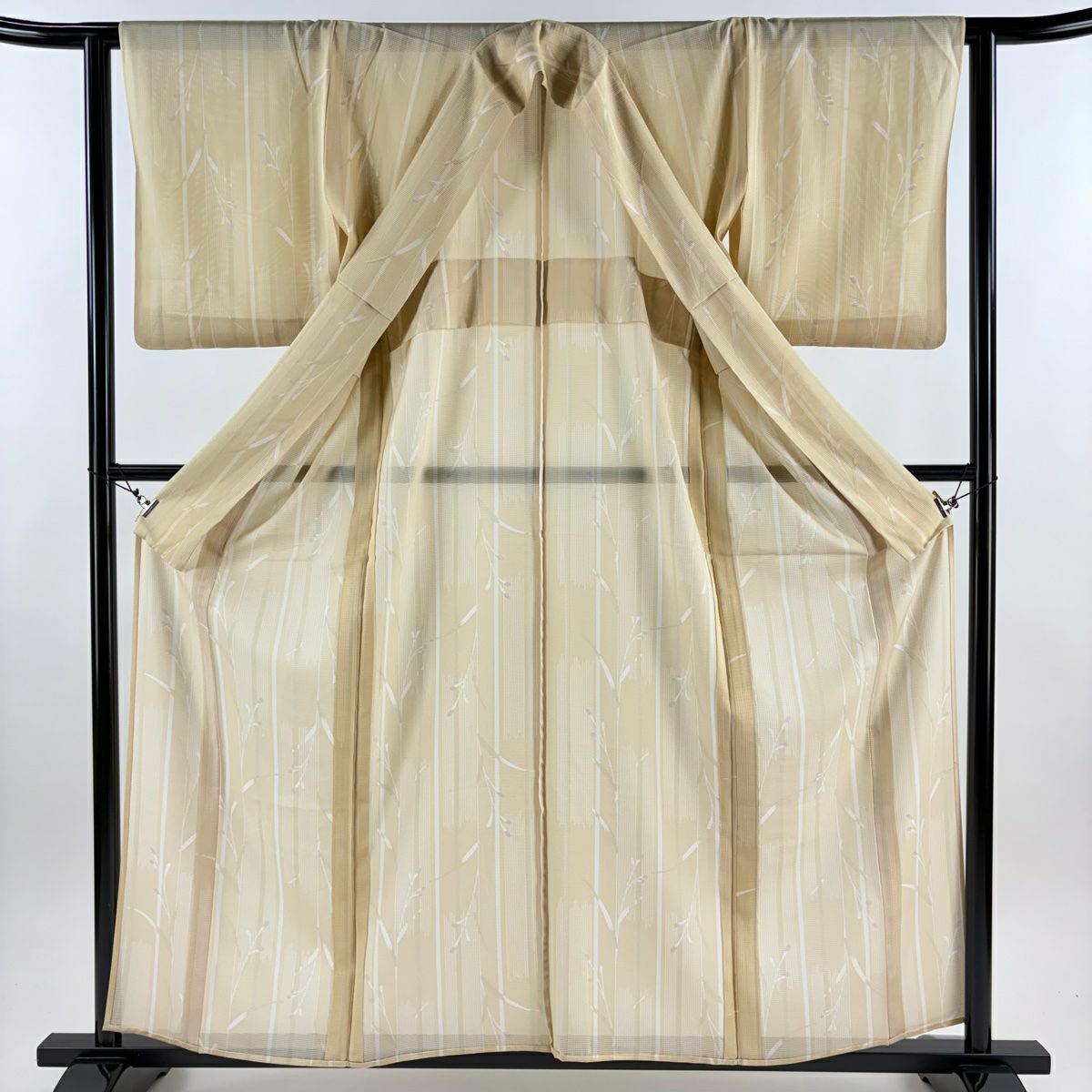 【美品】 小紋 身長160.5cm 袖長63cm S 薄物 絽 枝花 縱條 米色 純蠶絲 秀品級