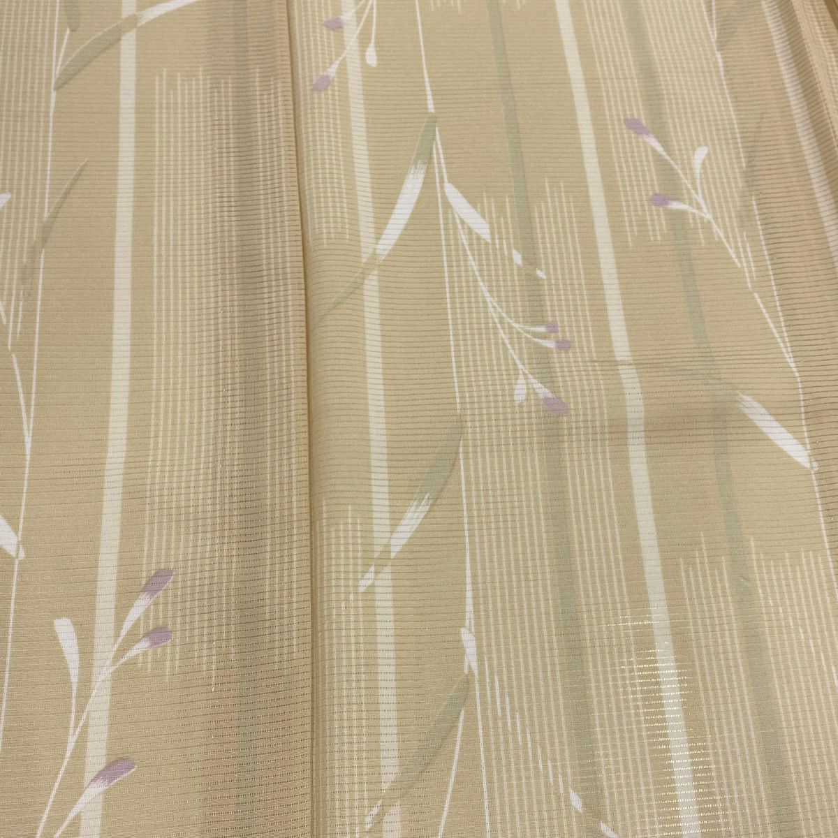 【美品】 小紋 身長160.5cm 袖長63cm S 薄物 絽 枝花 縱條 米色 純蠶絲 秀品級