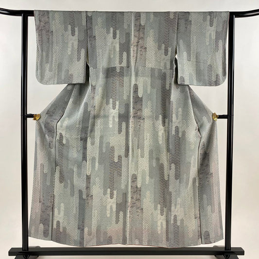 【美品】 小紋 身長153.5cm 袖長62.5cm S 雙層 壺垂 麻葉 青灰色 純蠶絲 秀品級