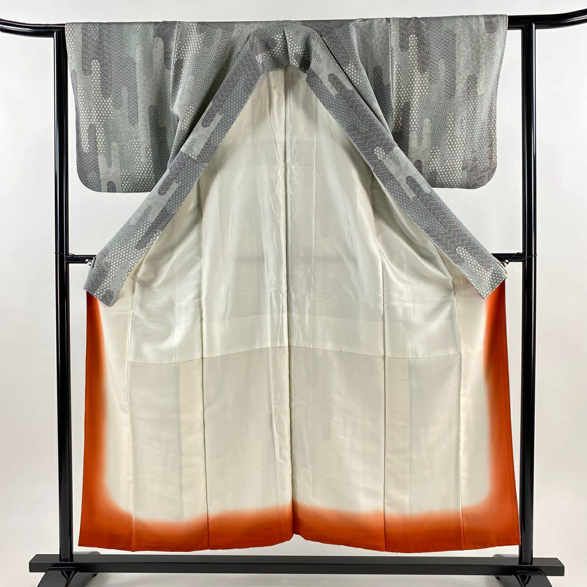 【美品】 小紋 身長153.5cm 袖長62.5cm S 雙層 壺垂 麻葉 青灰色 純蠶絲 秀品級
