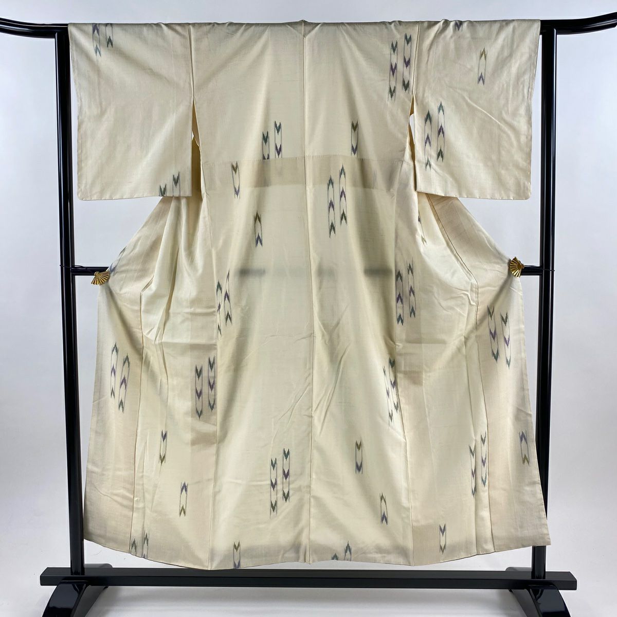 【美品】 紬織 身長153.5cm 袖長63cm S 雙層 幾何學 絣紋 奶油色 純蠶絲 優品級