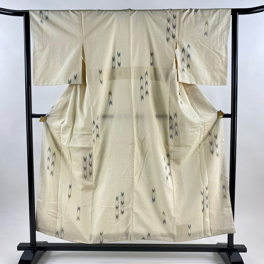【美品】 紬織 身長153.5cm 袖長63cm S 雙層 幾何學 絣紋 奶油色 純蠶絲 優品級
