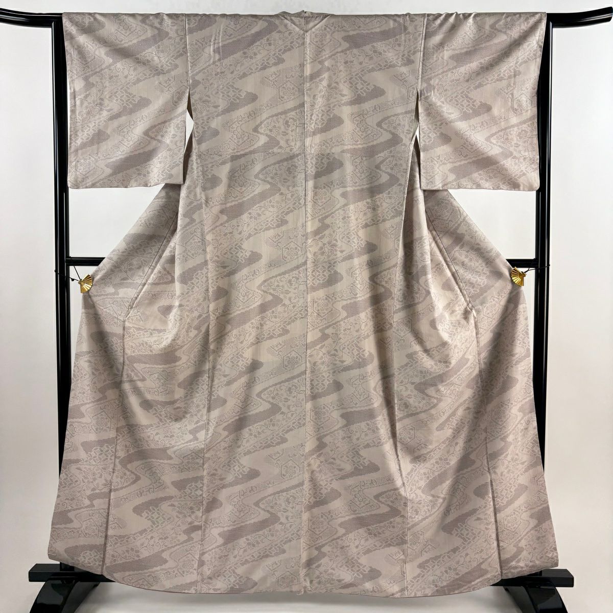 【美品】 紬織 身長163cm 袖長64cm M 雙層 流水 草花紋紋 薄小豆 純蠶絲 秀品級