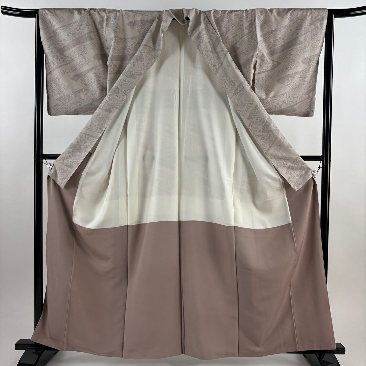 【美品】 紬織 身長163cm 袖長64cm M 雙層 流水 草花紋紋 薄小豆 純蠶絲 秀品級