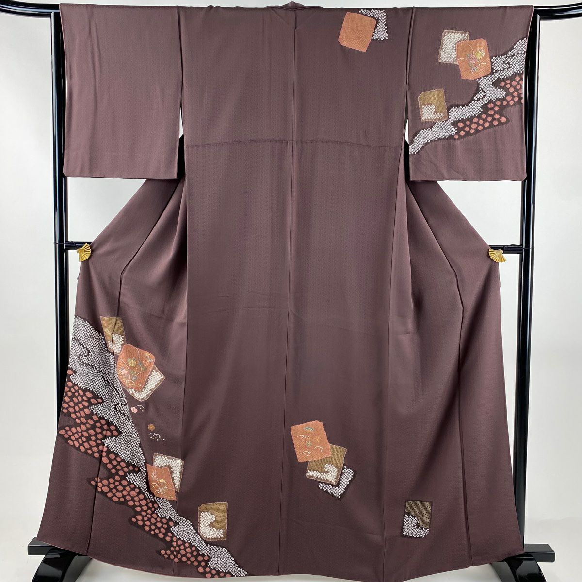 訪問服 身長163cm 袖長64cm M 雙層 色紙 草花紋紋 絞染 刺繡 小豆 純蠶絲 秀品級
