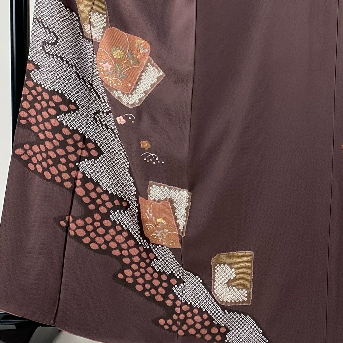 訪問服 身長163cm 袖長64cm M 雙層 色紙 草花紋紋 絞染 刺繡 小豆 純蠶絲 秀品級