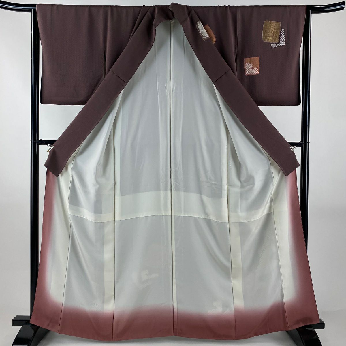 訪問服 身長163cm 袖長64cm M 雙層 色紙 草花紋紋 絞染 刺繡 小豆 純蠶絲 秀品級