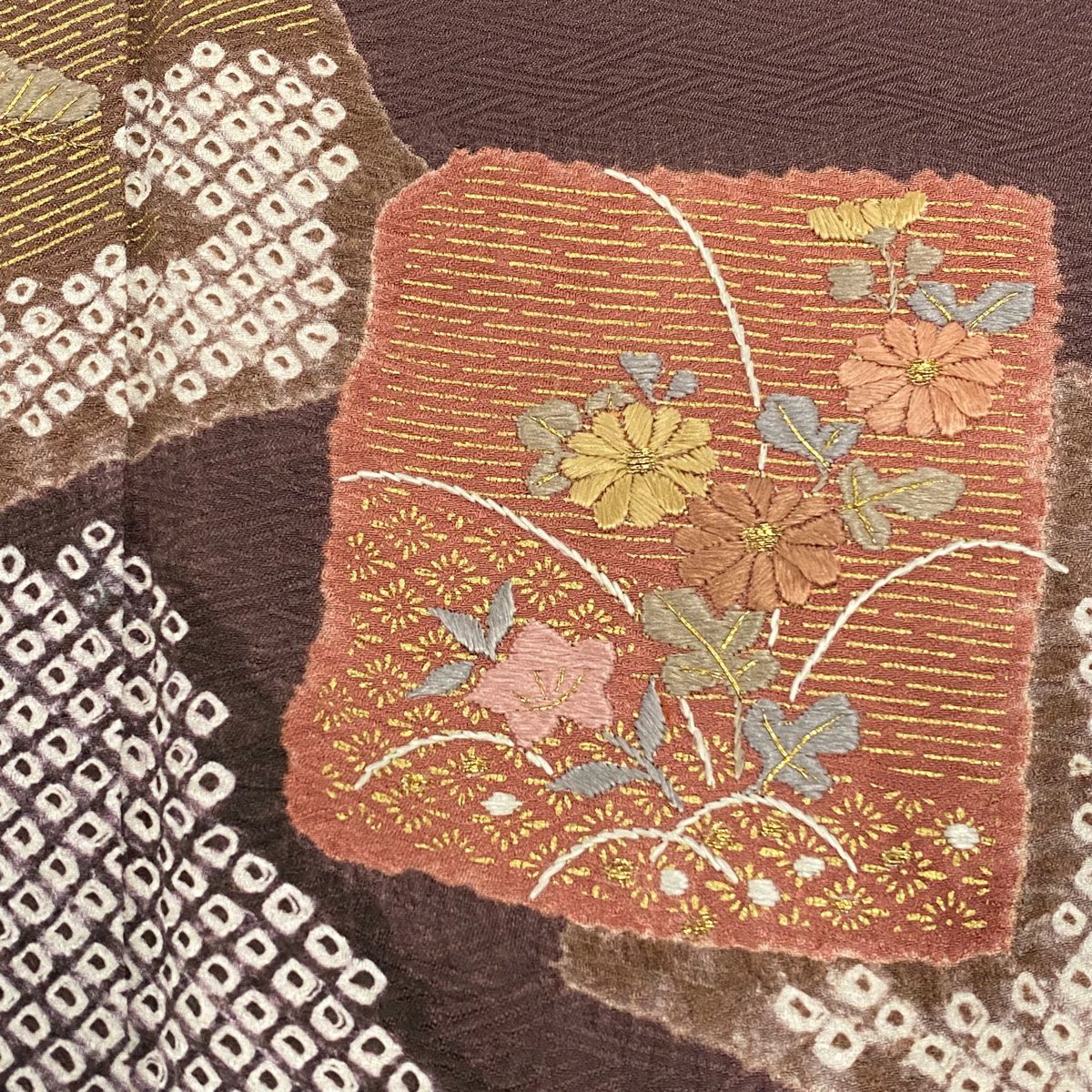 訪問服 身長163cm 袖長64cm M 雙層 色紙 草花紋紋 絞染 刺繡 小豆 純蠶絲 秀品級
