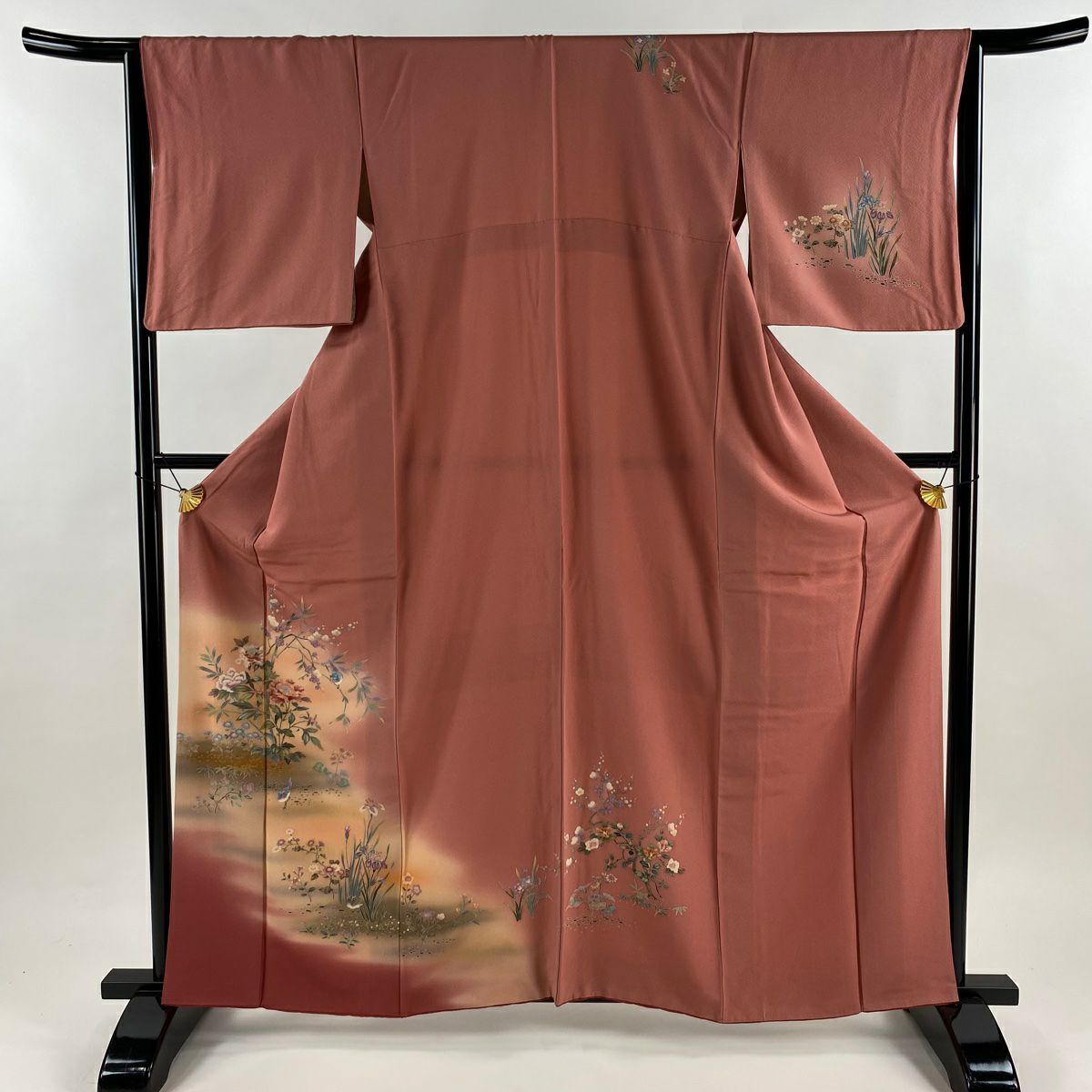 付下 身長160cm 袖長65cm M 雙層 鳥 草花紋紋 漸層 金彩裝飾 粉色 純蠶絲 優品級
