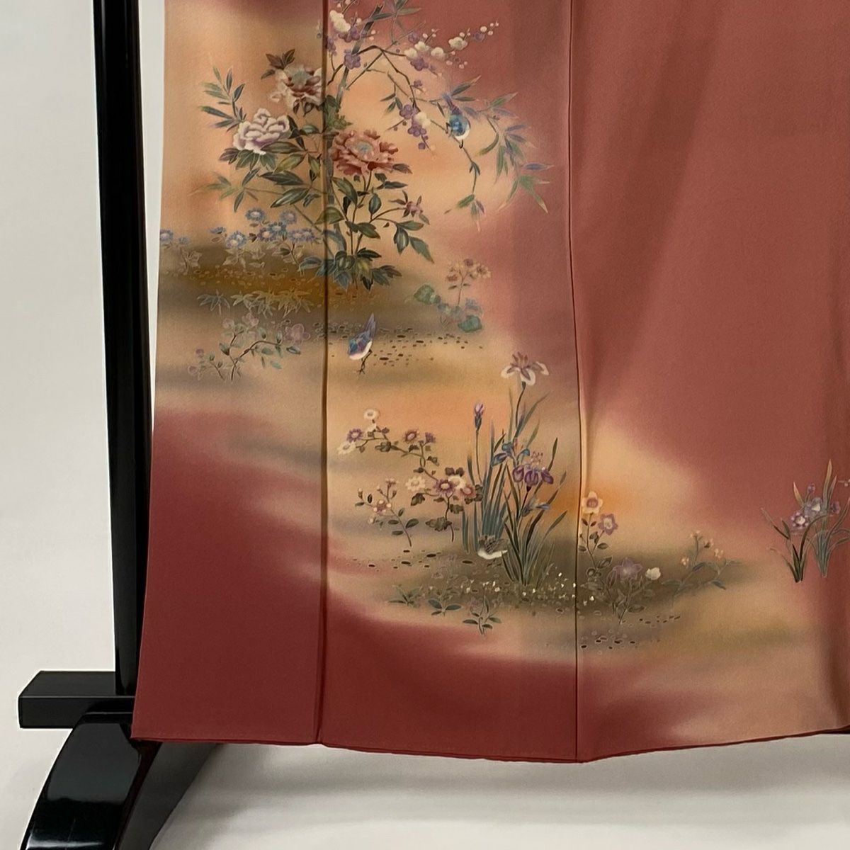 付下 身長160cm 袖長65cm M 雙層 鳥 草花紋紋 漸層 金彩裝飾 粉色 純蠶絲 優品級
