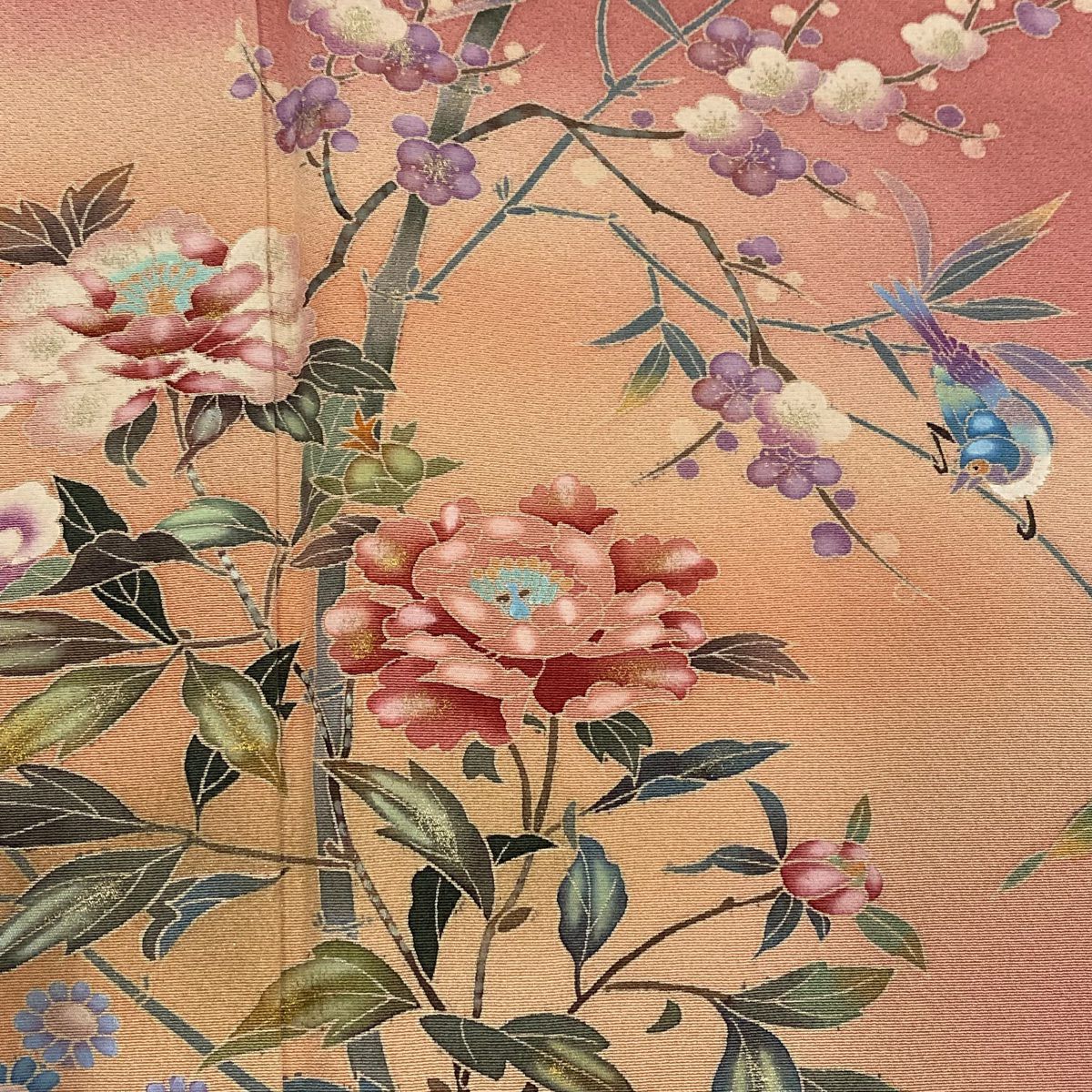 付下 身長160cm 袖長65cm M 雙層 鳥 草花紋紋 漸層 金彩裝飾 粉色 純蠶絲 優品級