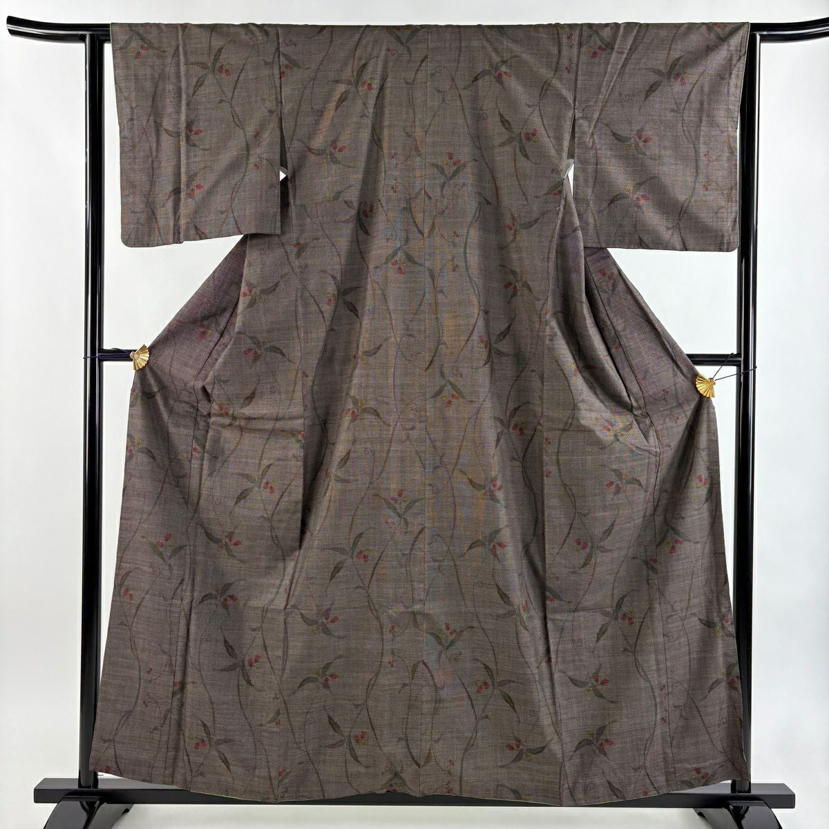 【美品】 紬織 身長159cm 袖長63cm S 雙層 草花紋 茶 純蠶絲 秀品級