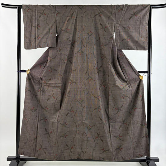 【美品】 紬織 身長159cm 袖長63cm S 雙層 草花紋 茶 純蠶絲 秀品級