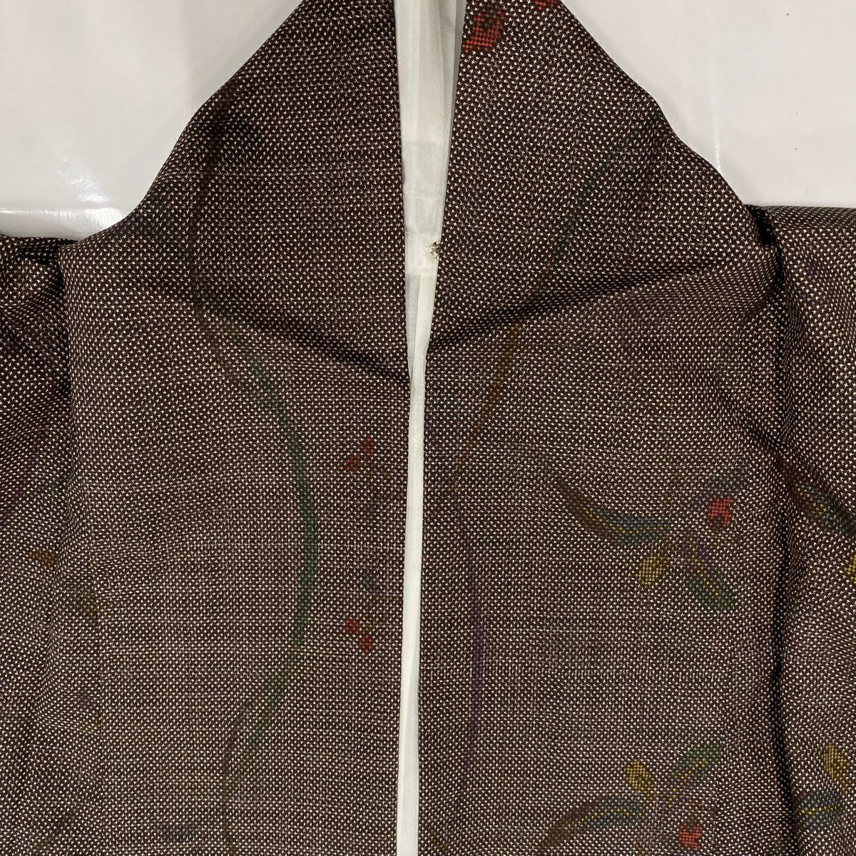 【美品】 紬織 身長159cm 袖長63cm S 雙層 草花紋 茶 純蠶絲 秀品級