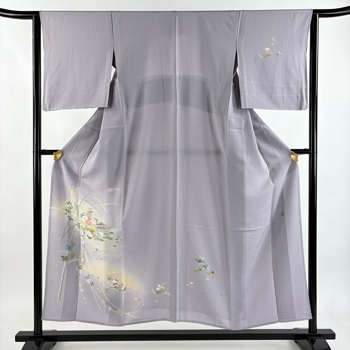 付下 身長151.5cm 袖長63.5cm S 單層 有落款 菊花 家屋 染分 ぼかし 灰紫 純蠶絲 優品級