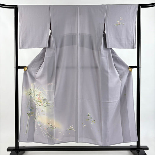 付下 身長151.5cm 袖長63.5cm S 單層 有落款 菊花 家屋 染分 ぼかし 灰紫 純蠶絲 優品級