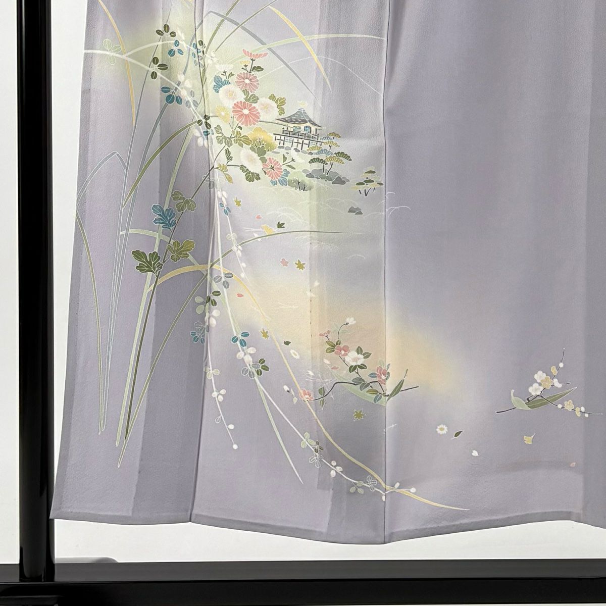 付下 身長151.5cm 袖長63.5cm S 單層 有落款 菊花 家屋 染分 ぼかし 灰紫 純蠶絲 優品級