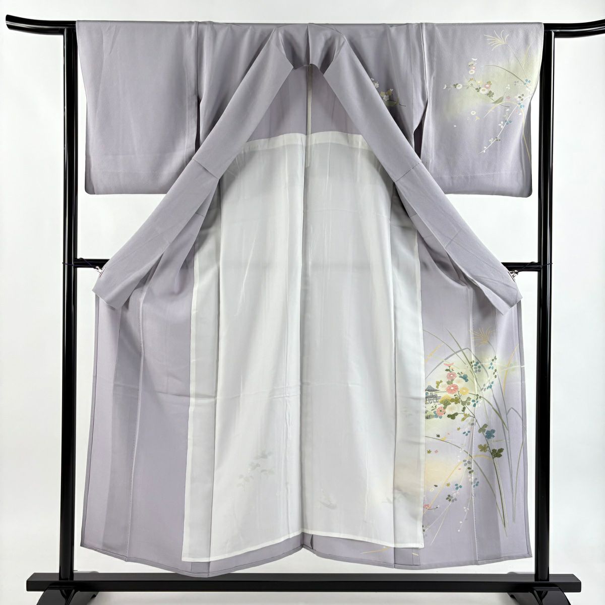 付下 身長151.5cm 袖長63.5cm S 單層 有落款 菊花 家屋 染分 ぼかし 灰紫 純蠶絲 優品級