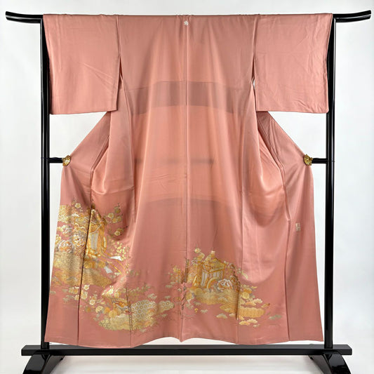 色留袖禮服 身長154.5cm 袖長65.5cm M 雙層 和田光正 落款あり 御所車 松樹竹子梅花 金銀彩 粉紅 純蠶絲 秀品級 一つ紋