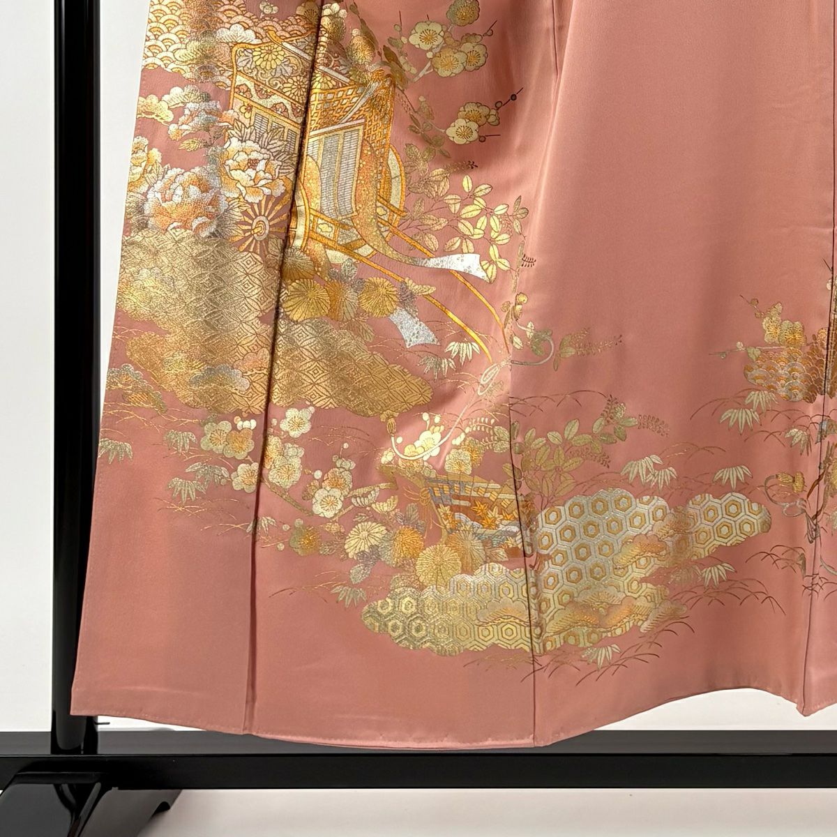 色留袖禮服 身長154.5cm 袖長65.5cm M 雙層 和田光正 落款あり 御所車 松樹竹子梅花 金銀彩 粉紅 純蠶絲 秀品級 一つ紋