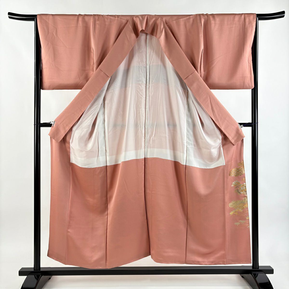 色留袖禮服 身長154.5cm 袖長65.5cm M 雙層 和田光正 落款あり 御所車 松樹竹子梅花 金銀彩 粉紅 純蠶絲 秀品級 一つ紋
