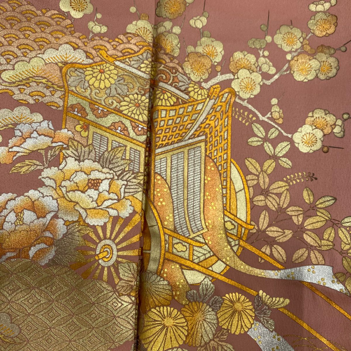 色留袖禮服 身長154.5cm 袖長65.5cm M 雙層 和田光正 落款あり 御所車 松樹竹子梅花 金銀彩 粉紅 純蠶絲 秀品級 一つ紋