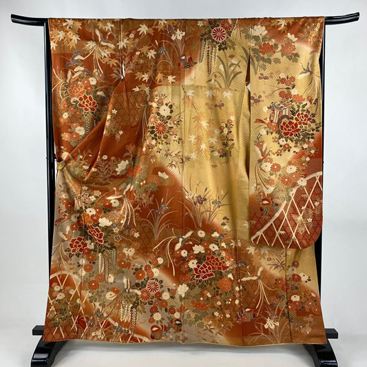 振袖禮服 身長163.5cm 袖長66.5cm M 雙層 御所車 牡丹 金絲 金銀彩 紅茶 純蠶絲 秀品級