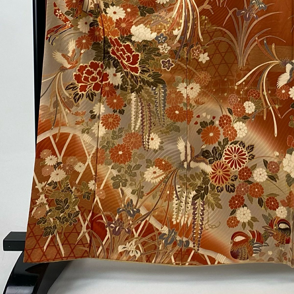 振袖禮服 身長163.5cm 袖長66.5cm M 雙層 御所車 牡丹 金絲 金銀彩 紅茶 純蠶絲 秀品級