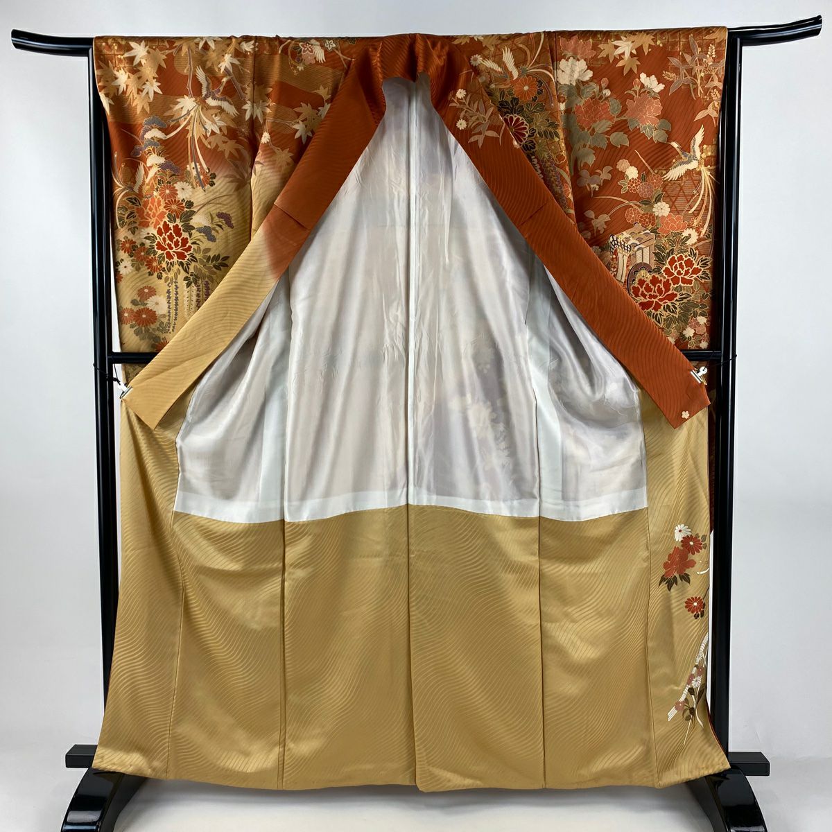 振袖禮服 身長163.5cm 袖長66.5cm M 雙層 御所車 牡丹 金絲 金銀彩 紅茶 純蠶絲 秀品級