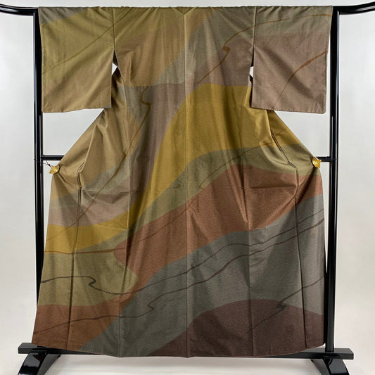 【美品】訪問服 身長161cm 袖長65cm M 雙層 紬織織 落款あり 霞 幾何學圖案 茶 純蠶絲 秀品級