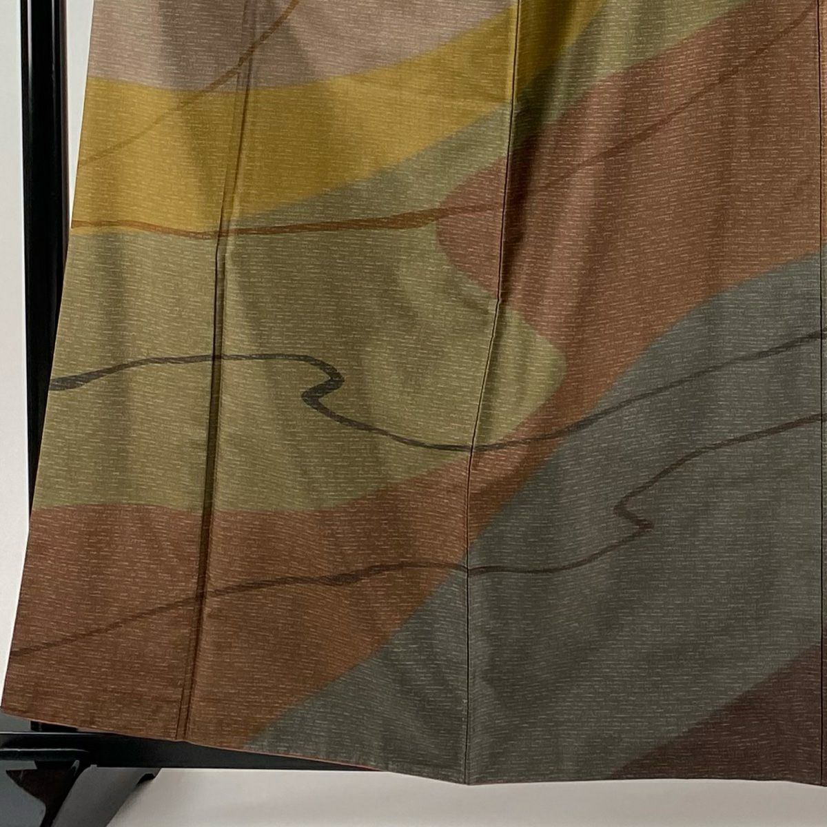 【美品】訪問服 身長161cm 袖長65cm M 雙層 紬織織 落款あり 霞 幾何學圖案 茶 純蠶絲 秀品級