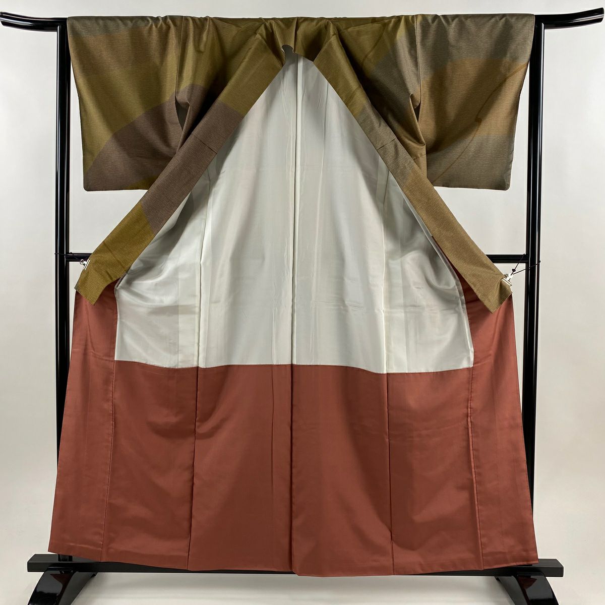 【美品】訪問服 身長161cm 袖長65cm M 雙層 紬織織 落款あり 霞 幾何學圖案 茶 純蠶絲 秀品級