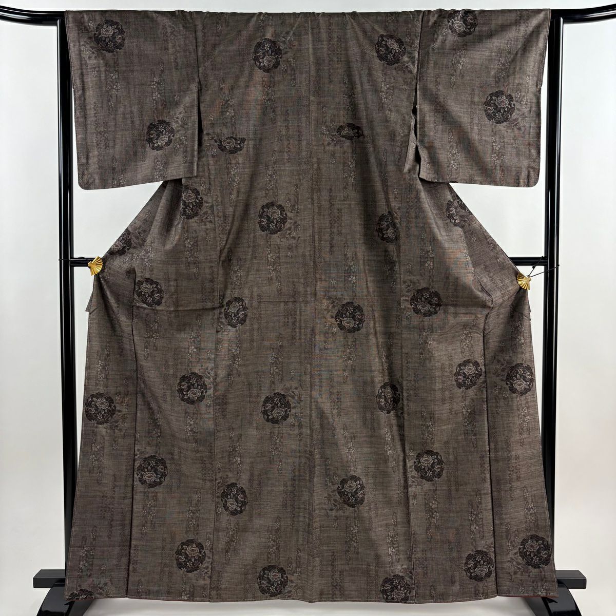 【美品】 紬織織 身長166cm 袖長65cm M 雙層 草花紋紋 焦茶 純蠶絲 秀品級