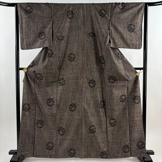 【美品】 紬織織 身長166cm 袖長65cm M 雙層 草花紋紋 焦茶 純蠶絲 秀品級