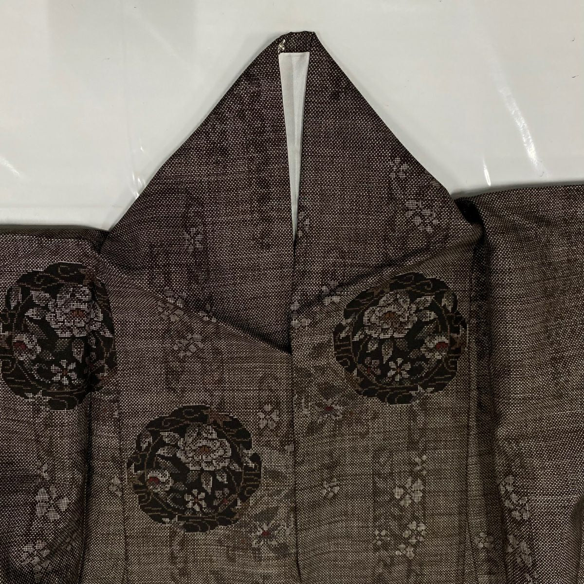 【美品】 紬織織 身長166cm 袖長65cm M 雙層 草花紋紋 焦茶 純蠶絲 秀品級