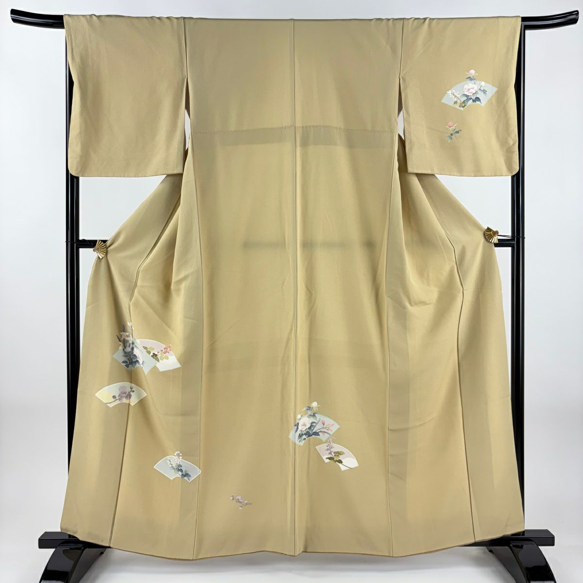 【美品】 付下 身長160cm 袖長66cm M 雙層 扇子面 草花紋 茶 純蠶絲 秀品級