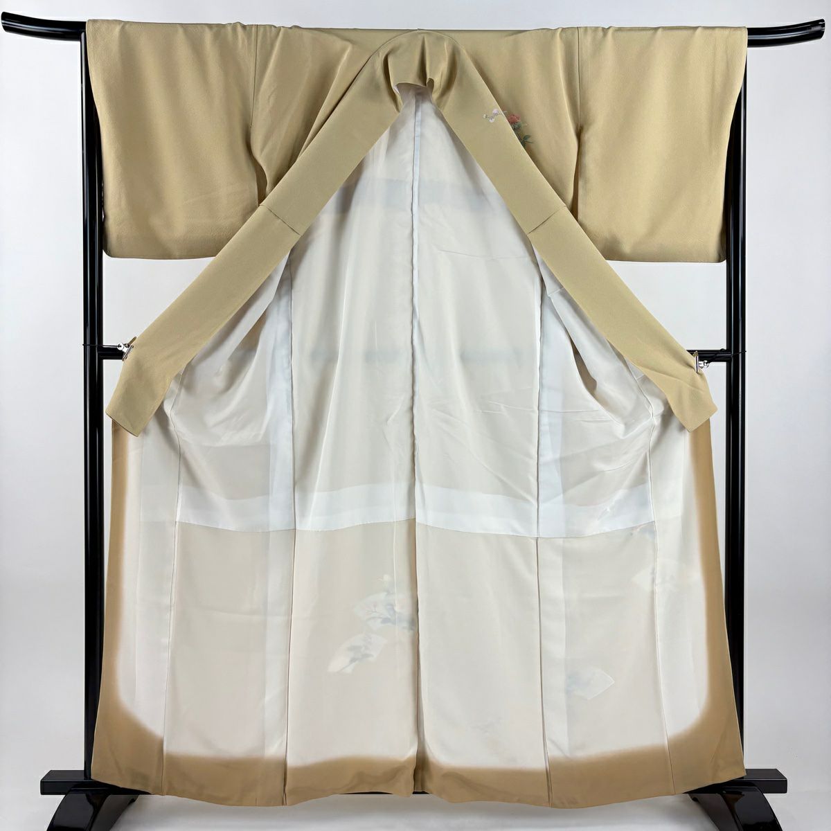 【美品】 付下 身長160cm 袖長66cm M 雙層 扇子面 草花紋 茶 純蠶絲 秀品級