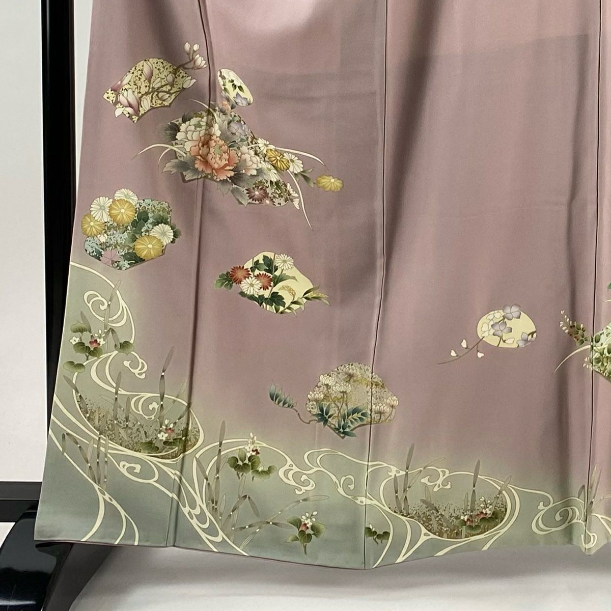 訪問服 身長163.5cm 袖長66cm M 雙層 草花紋紋 流水 金絲 金銀彩 淺紫 純蠶絲 優品級
