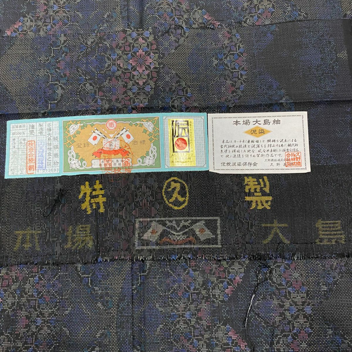 【美品】 大島紬織 身長155.5cm 袖長62cm S 雙層 證書附帶 華紋 幾何圖案 泥染 墨 黑 純蠶絲 名品級
