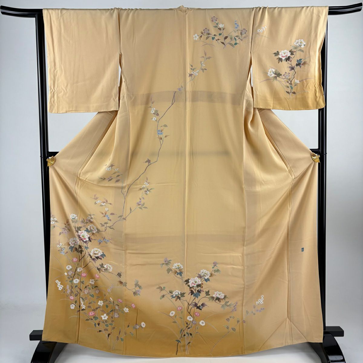訪問服 身長167cm 袖長67cm M 雙層 落款有 枝花 草花紋紋 染分 逐漸淡化 淺橙色 純蠶絲 名品級