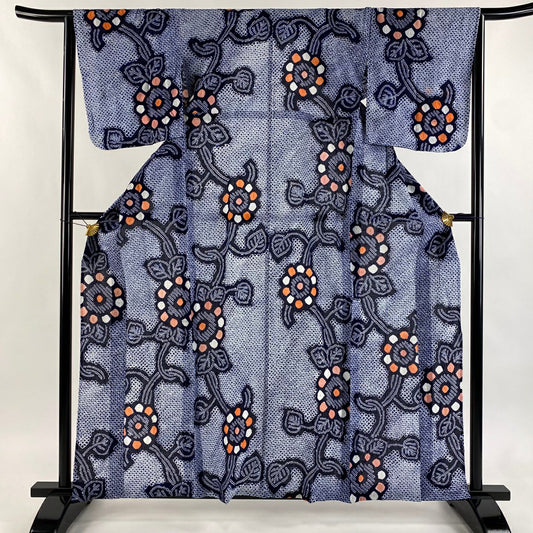 【美品】 浴衣 身長160cm 袖長64.5cm M 絞染浴衣 草花紋紋 深藍 純棉 名品級