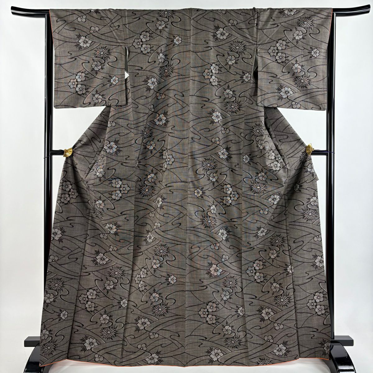 【美品】 大島紬織 身長169cm 袖長64cm M 雙層 純泥染 證書附帶 梅花花 波紋 焦茶 正蠶絲 名品級