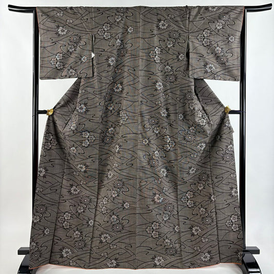 【美品】 大島紬織 身長169cm 袖長64cm M 雙層 純泥染 證書附帶 梅花花 波紋 焦茶 正蠶絲 名品級